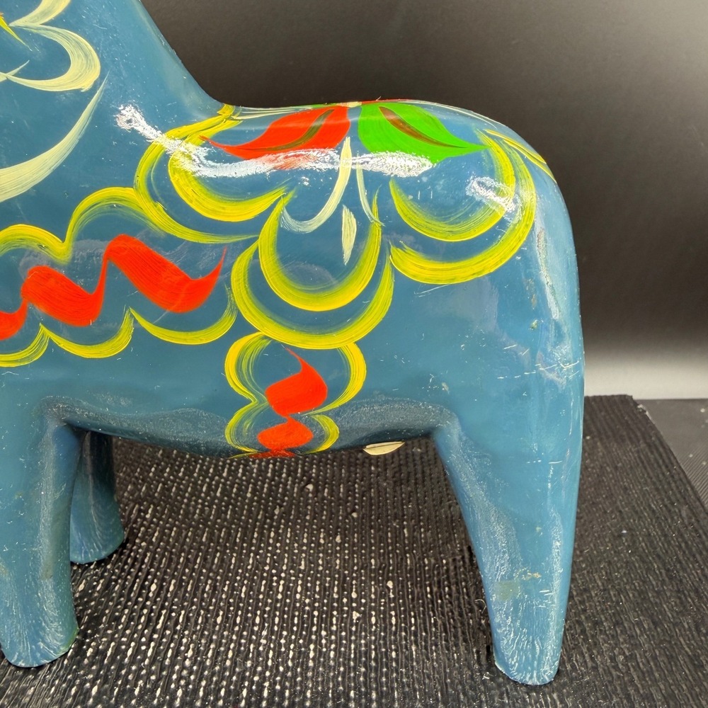 Vintage Akta Dalahemslojd Swedish Dala Horse Blue Hand Painted Wood Folk Art 7" - Picture 8 of 15